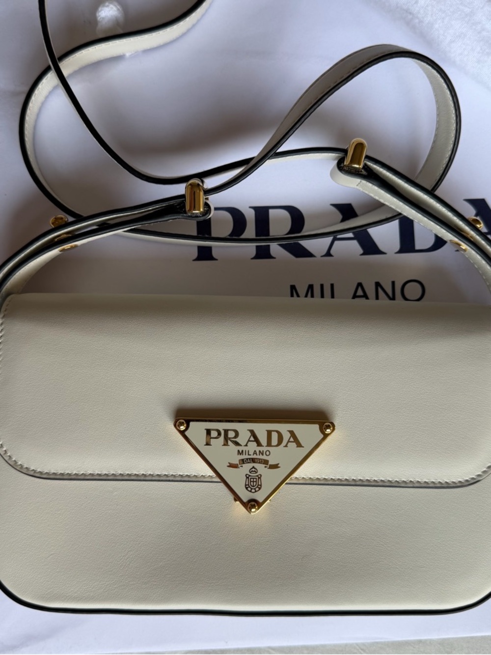 Prada Cream Leather Shoulder Bag with Black Trim and Gold Logo - Picture 5 of 9